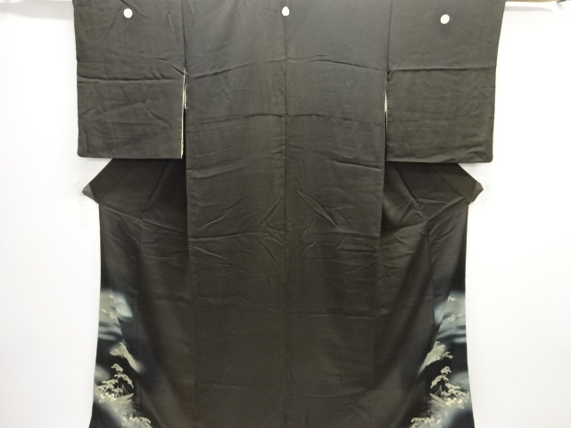 JAPANESE KIMONO / ANTIQUE TOMESODE / SILK / EMBROIDERY / KINSHA / SMALL BOAT & PINE & KIKU